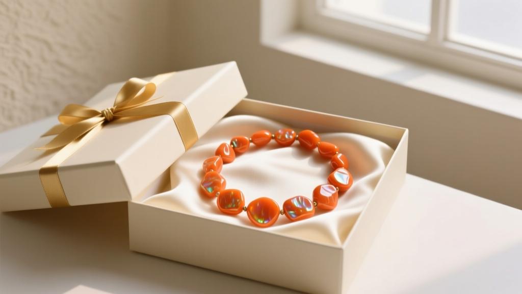 Gift box revealing a vibrant orange coral bead necklace on cream silk, with soft lighting highlighting the organic surface texture