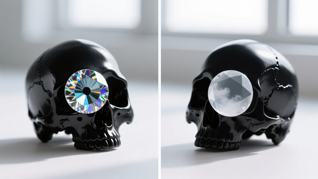 Side-by-side comparison of a pristine glass rhinestone skull eye versus a clouded acrylic replacement stone in bright lighting