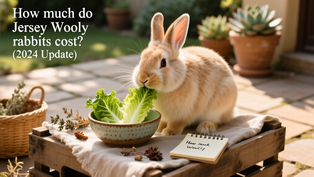 A Jersey Wooly rabbit happily munching fresh romaine lettuce from a shallow ceramic bowl