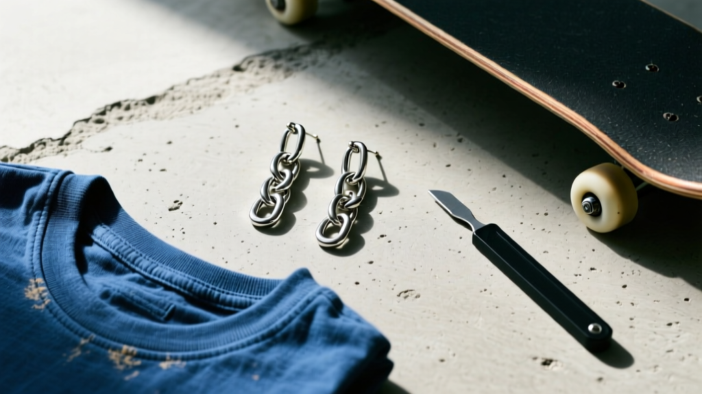 Flat lay featuring heavy silver curb chain drop earrings, a skate tool, and a folded vintage tee on a raw concrete surface