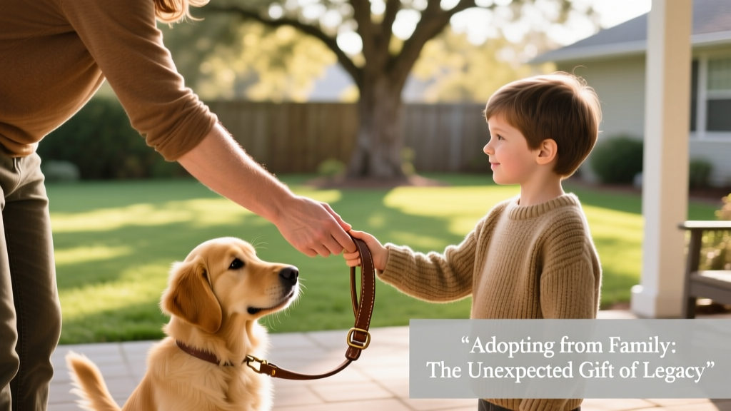 Two hands gently exchanging a leash between an adult and a child, symbolizing a thoughtful, safe pet adoption