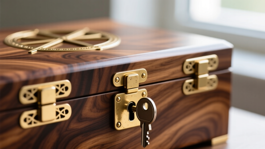 Close-up of brass quadrant hinges and a key lock on a polished walnut burl wood jewelry box lid, captured from a low side angle.