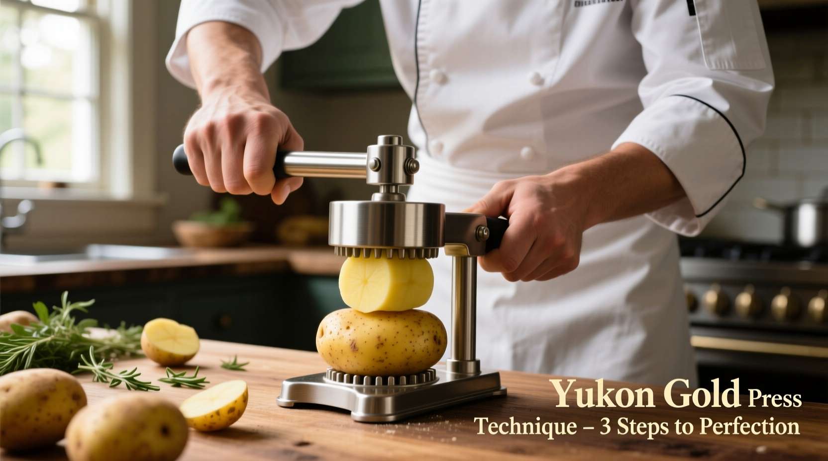 Chef demonstrating proper potato press technique with Yukon Gold potatoes