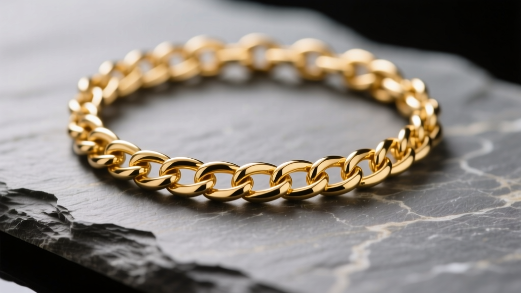 Macro shot of 14k gold Devada permanent chain on slate, focusing on the micro-welded link seam under warm studio lighting.