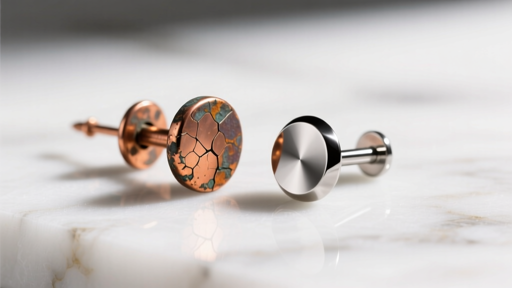 Macro photography of a tarnished copper alloy earring post beside a pristine ASTM F138 titanium stud on a white marble surface.
