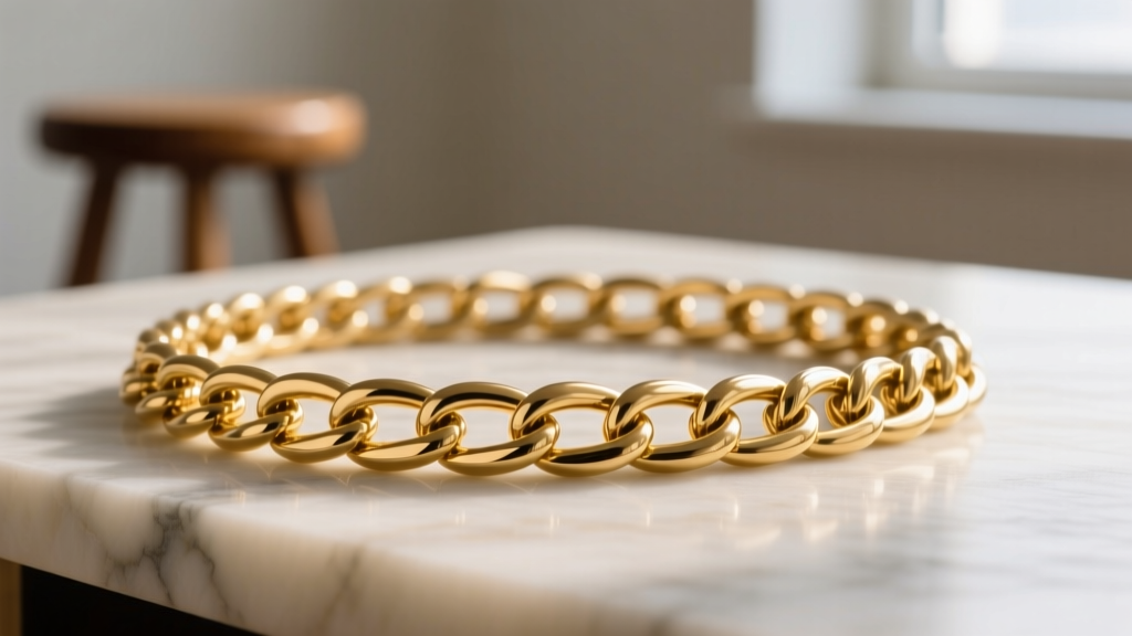 Macro view of an 18K gold chain inspected with a jeweler's loupe on a dark velvet mat under warm, focused studio lighting setup