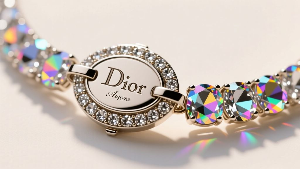 Macro shot of a 1950s Dior aurora borealis rhinestone necklace clasp showing the oval hangtag and bright rainbow light refraction.
