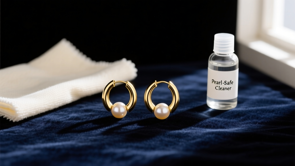 Flat lay of pearl gold hoop earrings on dark velvet next to a soft polishing cloth and a small bottle of pearl-safe cleaner.