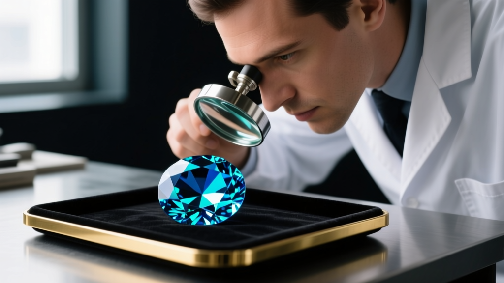 Jeweler using a loupe to examine the pavilion facets of a Swiss blue topaz stone for cleavage fractures before setting in gold