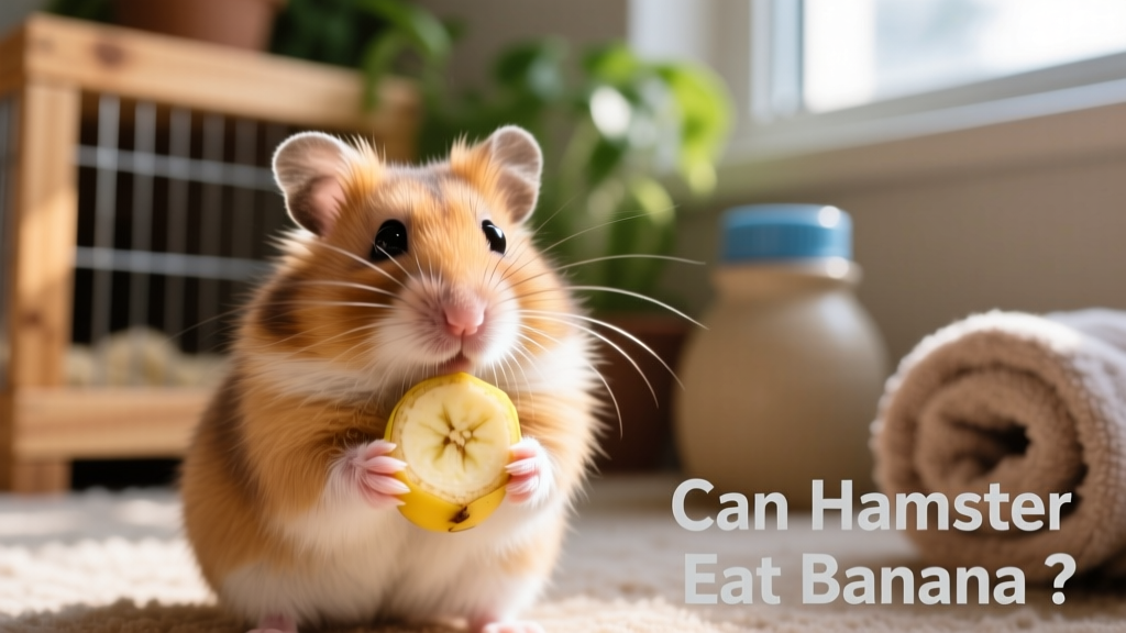 Close-up of a Syrian hamster gently holding a small piece of fresh banana in its paws