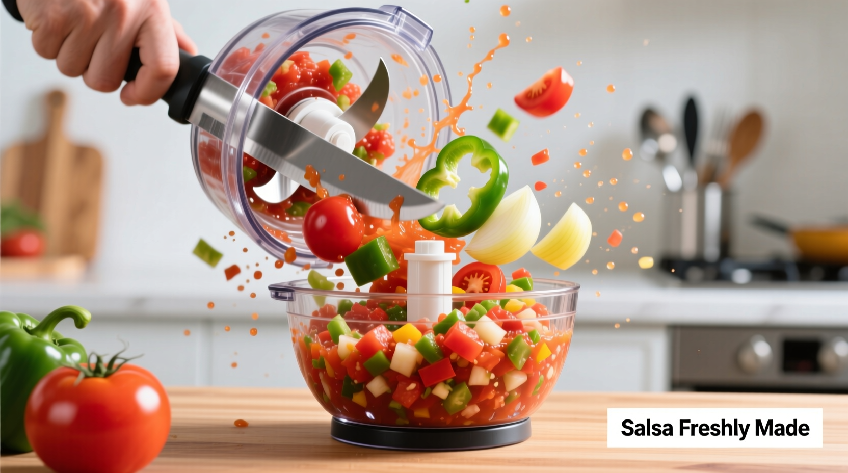 Food processor chopping vegetables for salsa