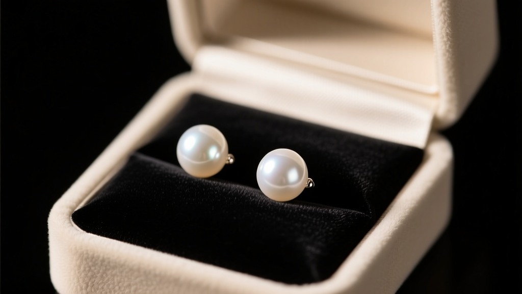 Open velvet box revealing luminous 12 mm white South Sea pearl stud earrings on black satin under soft, warm studio lighting.