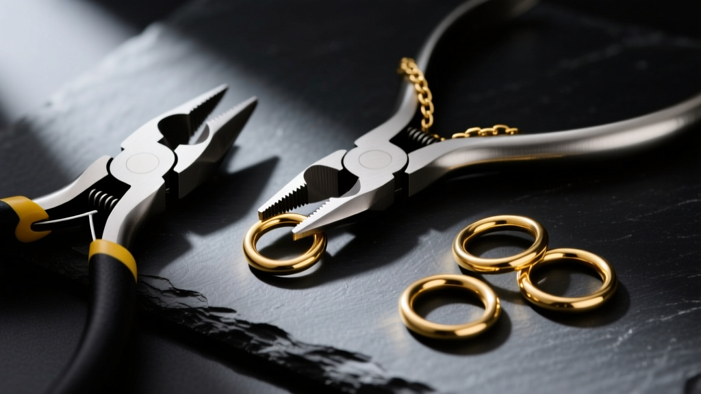 Flush cutters, chain-nose pliers, and 18-gauge gold jump rings on a dark slate surface for basic necklace clasp repair.