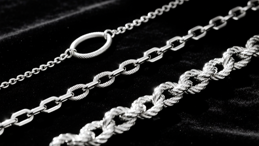 Three silver chains on dark velvet: a thin snake, a medium cable, and a thick rope chain, captured from a direct top-down angle.
