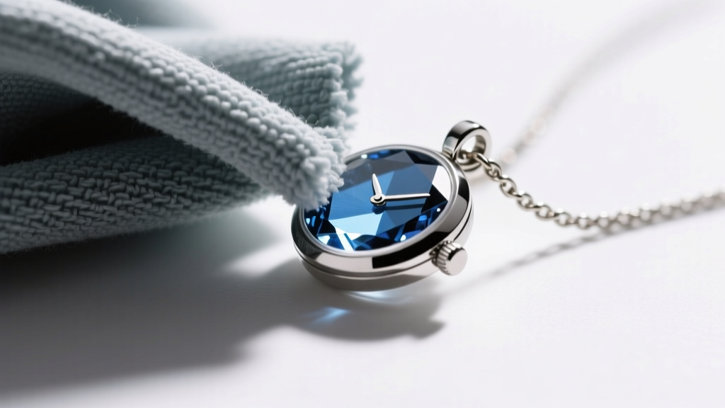 Microfiber cloth wiping the sapphire crystal of a silver miniature watch pendant, carefully avoiding the delicate metal chain.