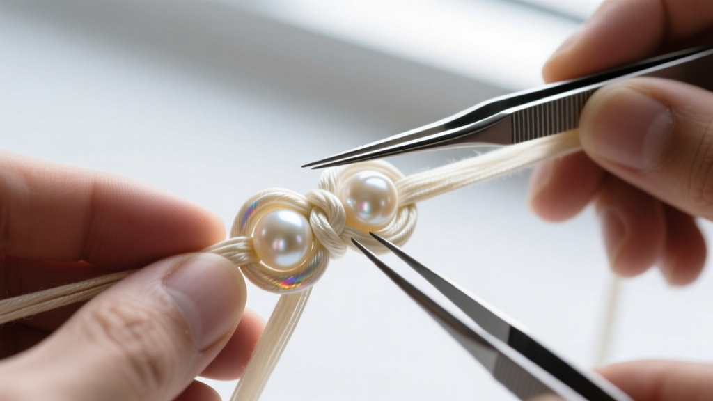 Macro shot of a jeweler tying a traditional silk knot between two cream freshwater pearls using a fine steel awl and tweezers.