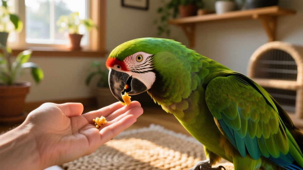 A close-up of a macaw gently offering regurgitated food to its human companion’s hand