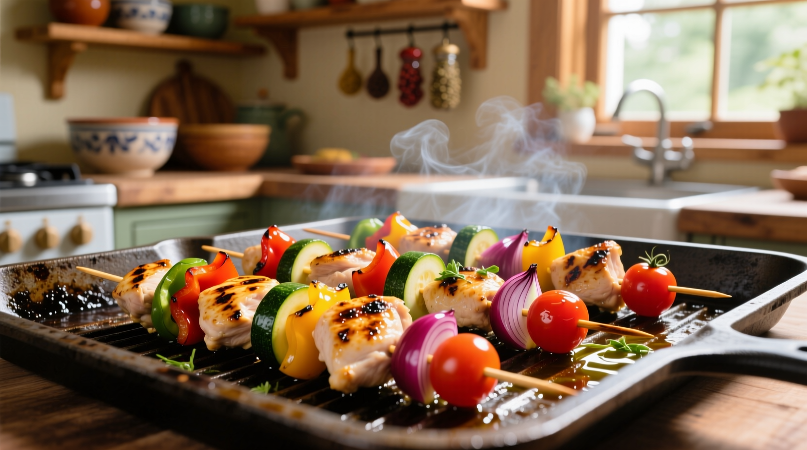Colorful chicken and vegetable kabobs on baking sheet