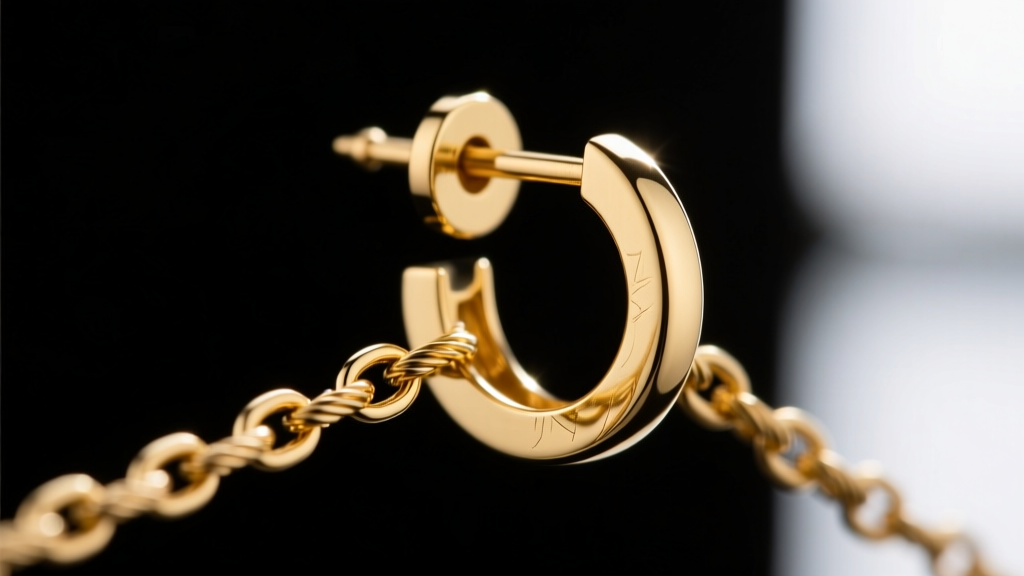 Macro shot of a 20-gauge 18k gold earring post connecting to a 1.2mm cable chain via a soldered 3mm jump ring against dark velvet