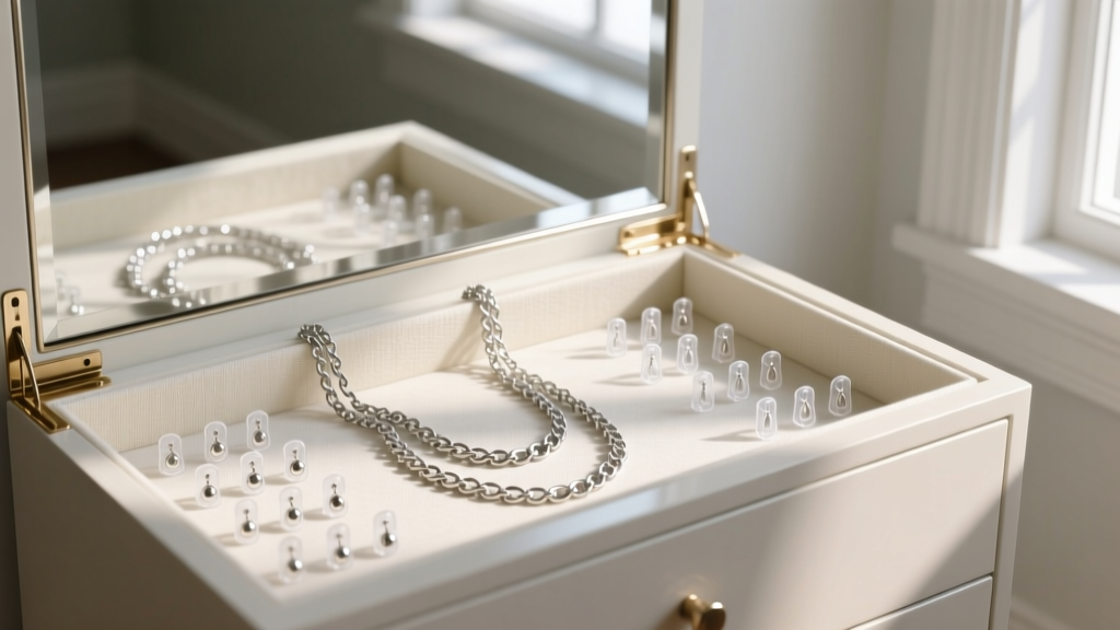 Interior of a budget mirror jewelry cabinet showing thin Oxford cloth lining, plastic earring posts, and tangled silver necklaces