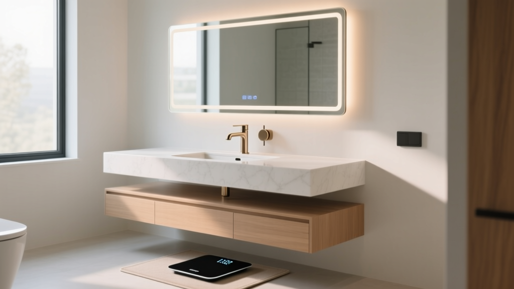 A modern well-lit bathroom vanity featuring a touchless faucet adapter, smart LED mirror backlighting, and a sleek digital scale on a minimalist mat.