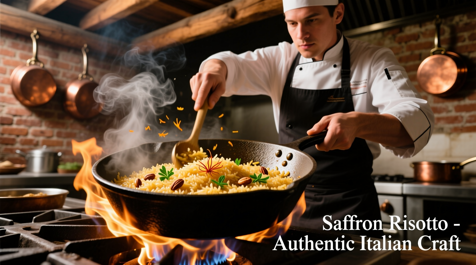 Chef stirring flavorful rice in cast iron pan