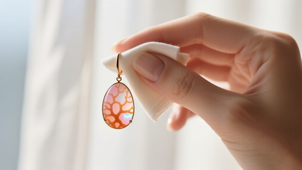 Hands wiping an angel skin coral drop earring with a microfiber cloth to demonstrate a proper organic gemstone daily care routine