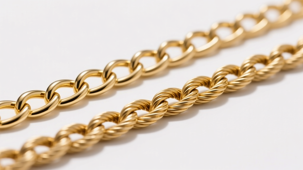 Side view of a hollow 10k rope chain next to a solid 14k cable chain, showing the contrast in link density and metal thickness.