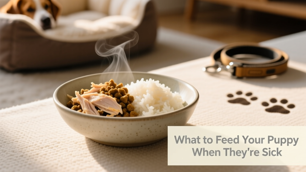 A bowl of bland puppy food: shredded boiled chicken and white rice on a clean surface