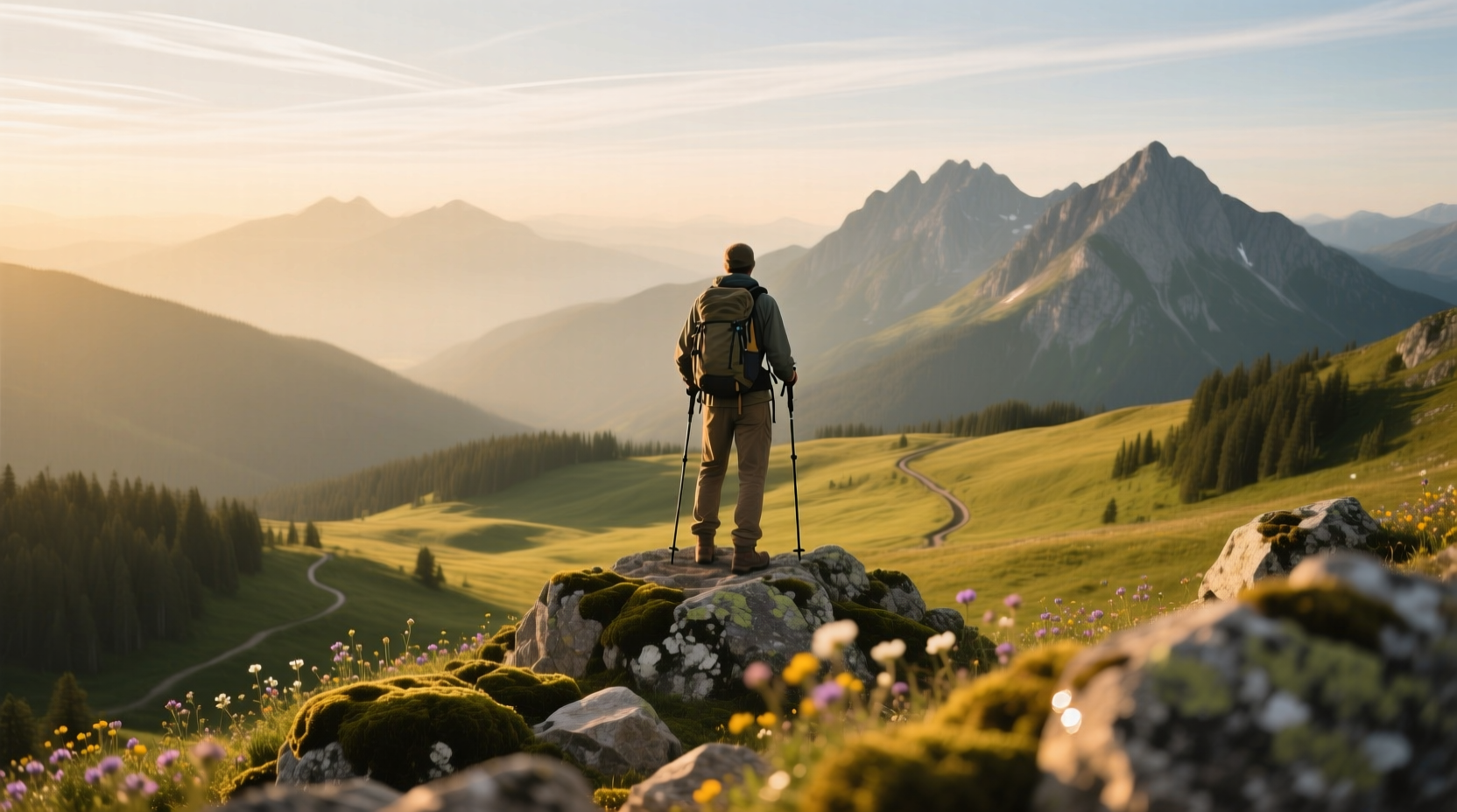 Hiker standing on Potato Mountain summit with panoramic views