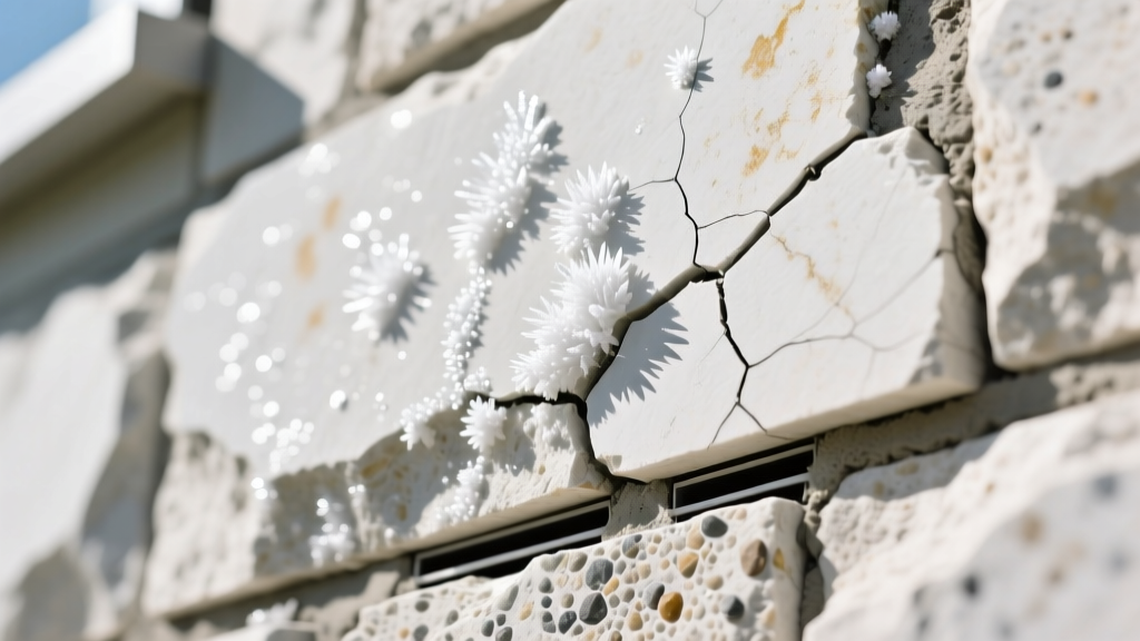 Close-up inspection of exterior manufactured stone veneer showing white efflorescence stains and mortar cracking near a weep screed