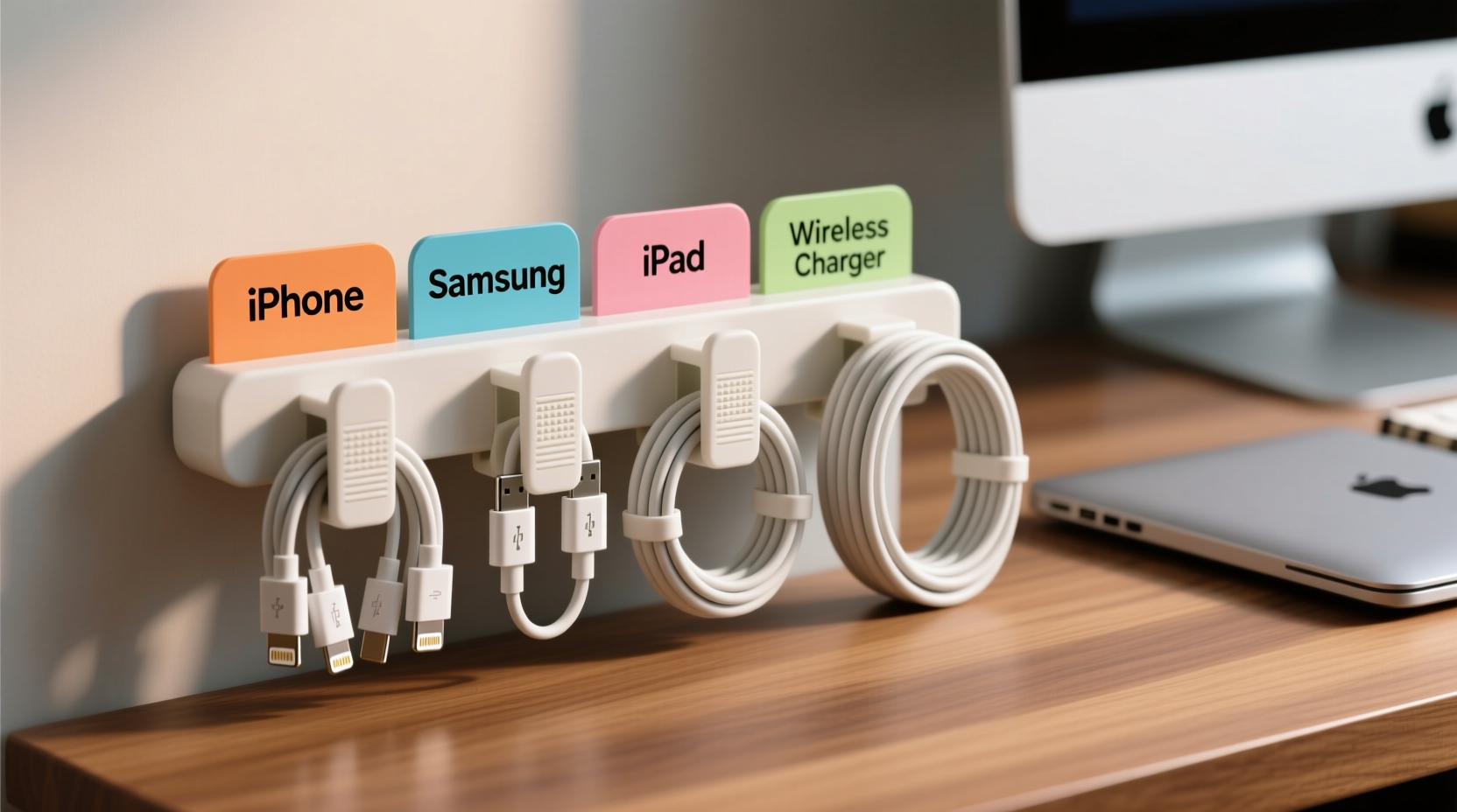 how to organize charging cables by length and device using labeled clips
