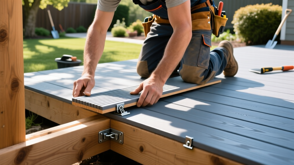 Carpenter using hidden fastener clips to install grooved composite decking boards on a pressure-treated wood frame outdoors