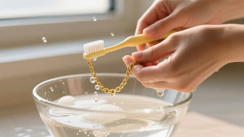 Hands washing a fine 2-gram gold chain in a glass bowl of soapy lukewarm water using a soft-bristled baby toothbrush.