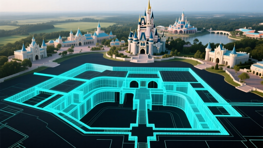 Aerial blueprint overlay of a massive theme park resort showing underground utility tunnels and castle structures in cyan on dark paper