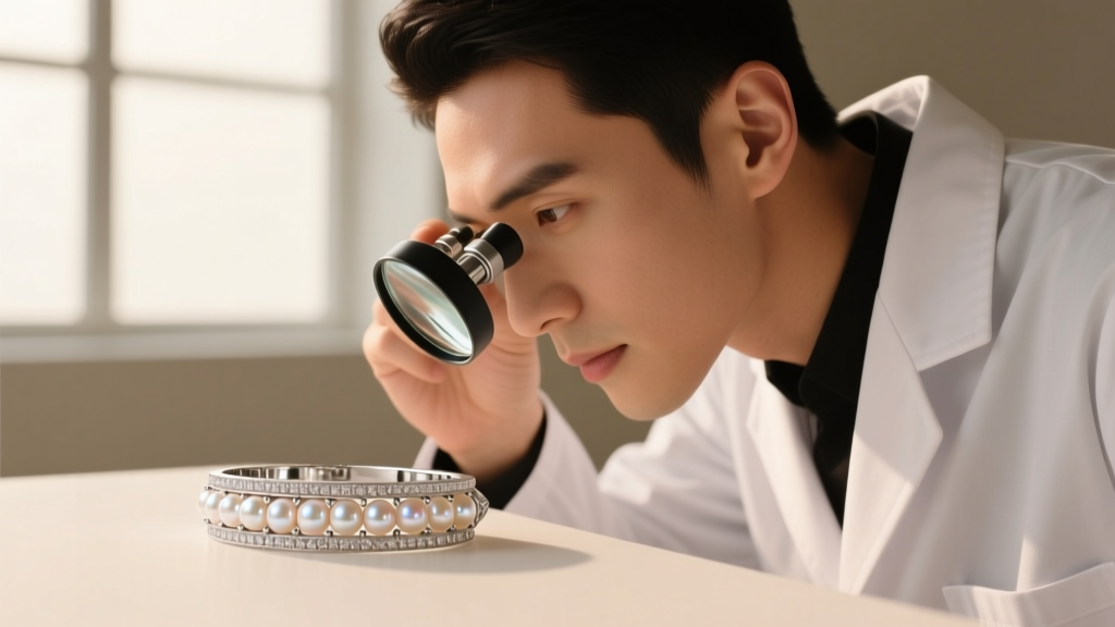 Jeweler using a loupe to inspect the metal clearance and nacre thickness of a platinum channel-set freshwater pearl pendant piece