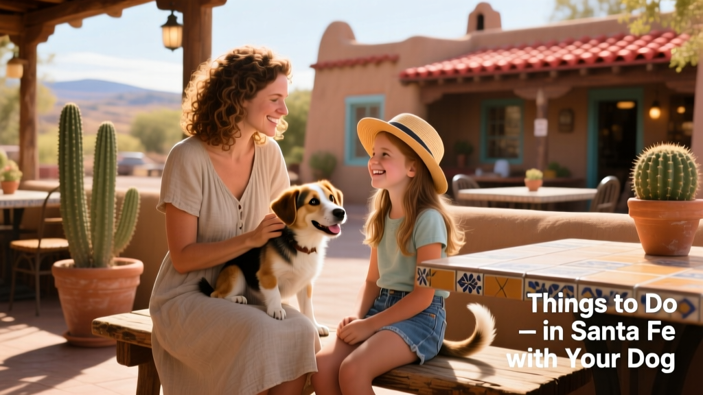 A woman holding a puppy and gently stroking the hair of a young girl while seated at an outdoor café in Santa Fe