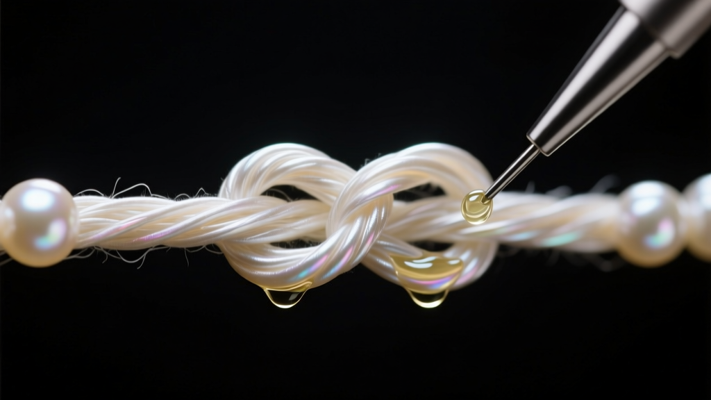 Clear oil applied to a knotted silk pearl thread using a micro-applicator against a dark velvet backdrop in soft studio lighting