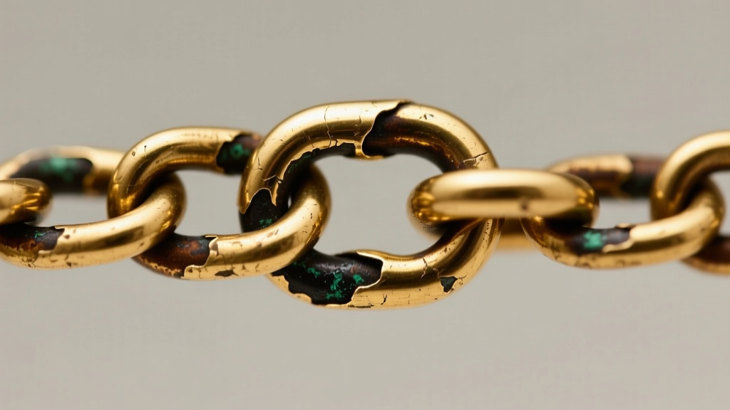 Macro shot of a gold-plated brass extension chain with worn plating near the clasp, revealing dark oxidized base metal underneath.