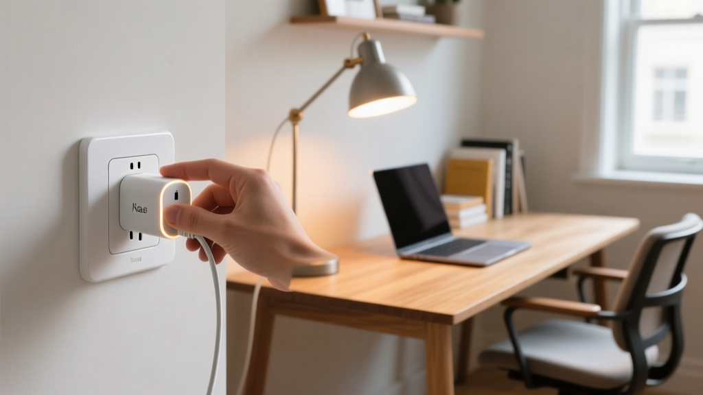 Hand plugging a Kasa smart plug into a white wall outlet with a desk lamp cord attached, illuminating a home office workspace
