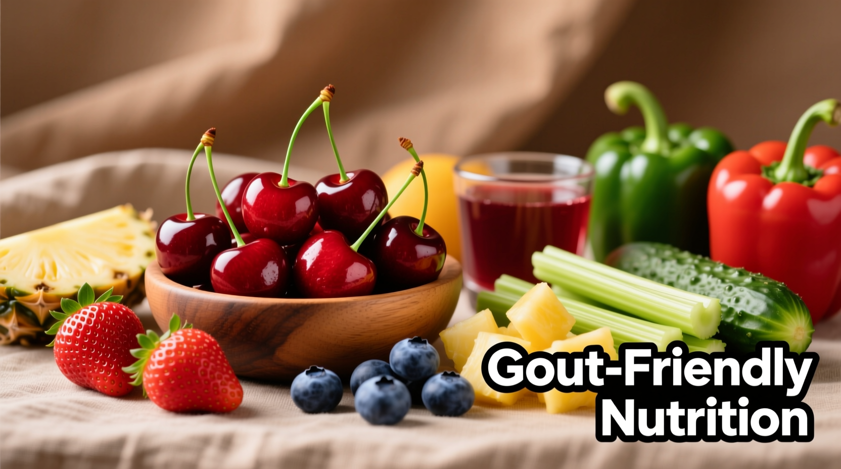 Colorful assortment of tart cherries and gout-friendly foods