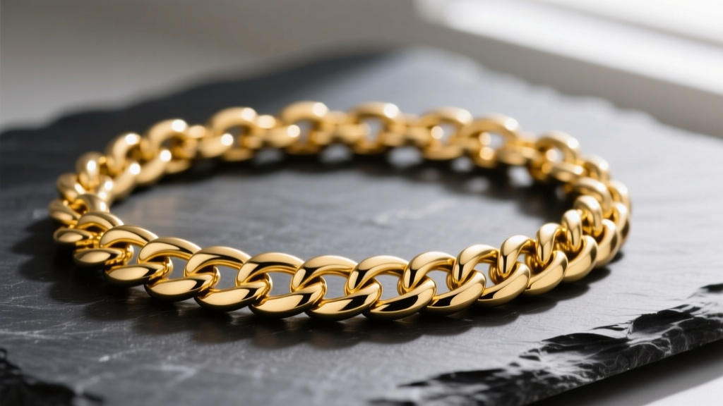 Close-up of a thick 14mm solid 14k yellow gold Cuban link chain resting on dark slate, highlighting the interlocking flat links.