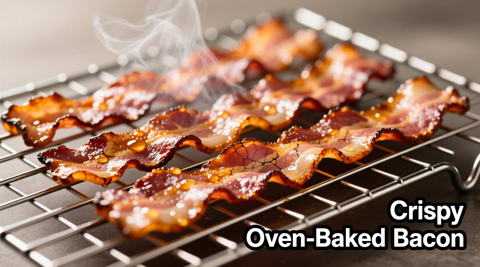 Oven-baked bacon on wire rack with golden crisp edges