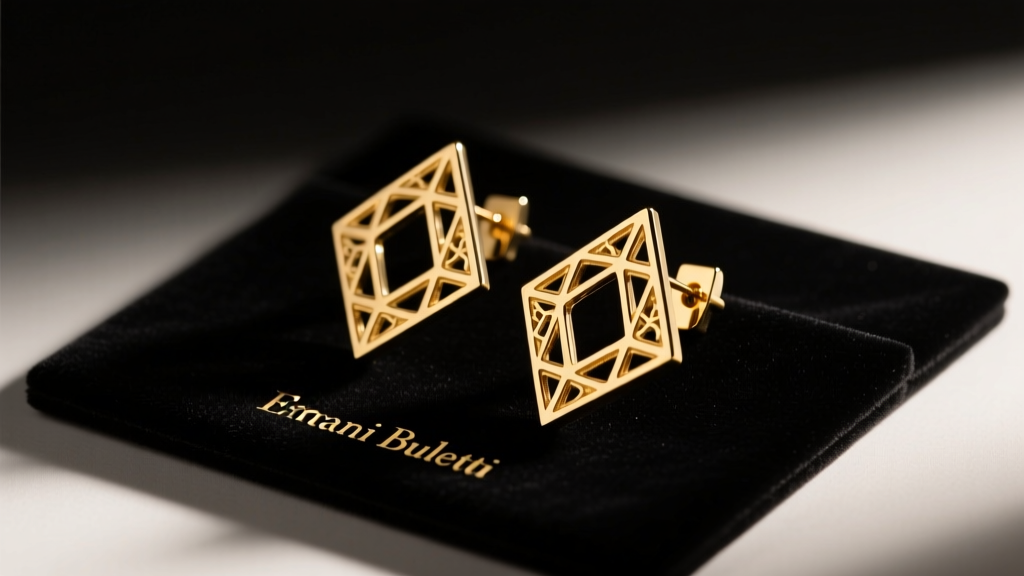 Vintage Ermani Bulatti gold-plated sculptural clip-on earrings on dark velvet appraisal mat under warm directional studio light
