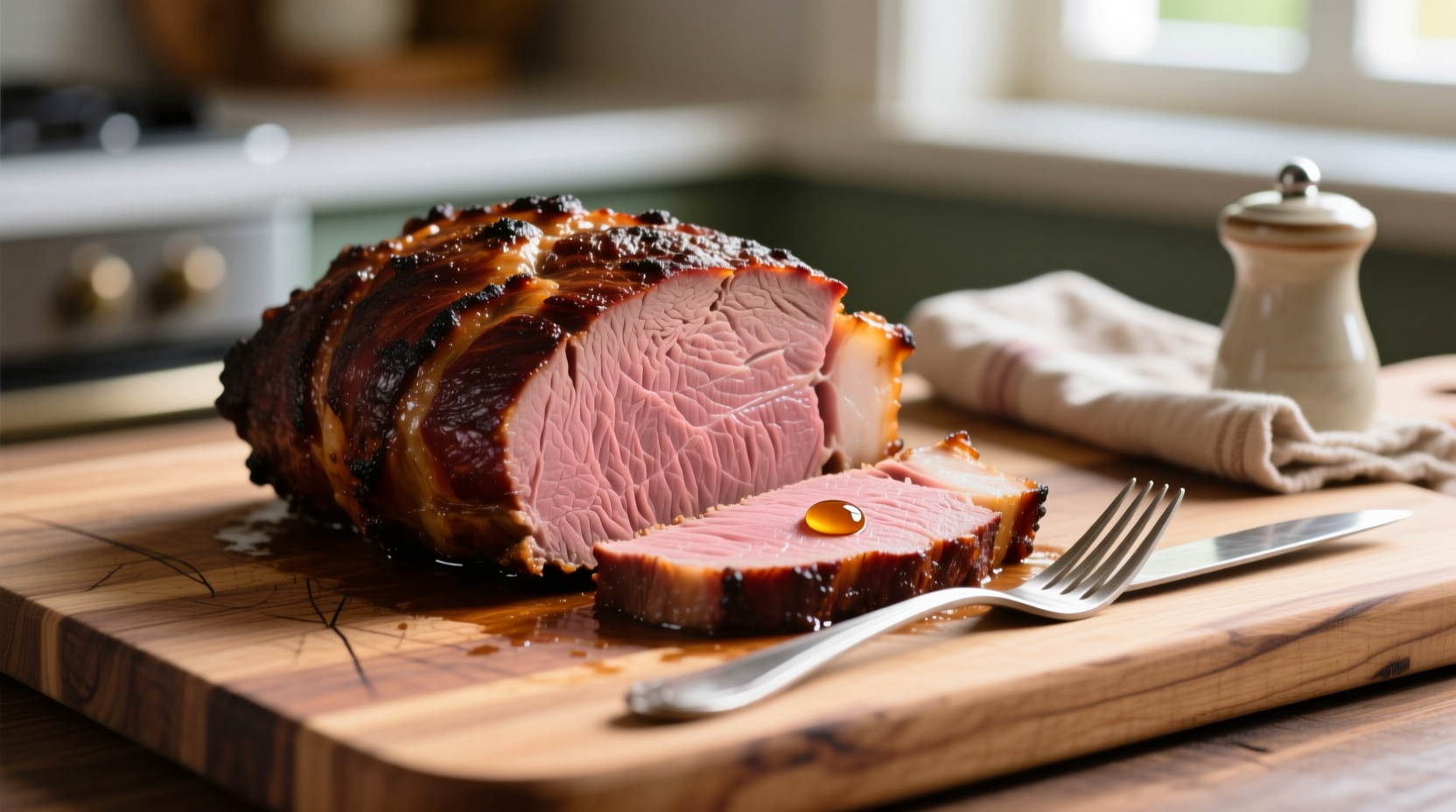 Perfectly cooked eye of round roast on cutting board