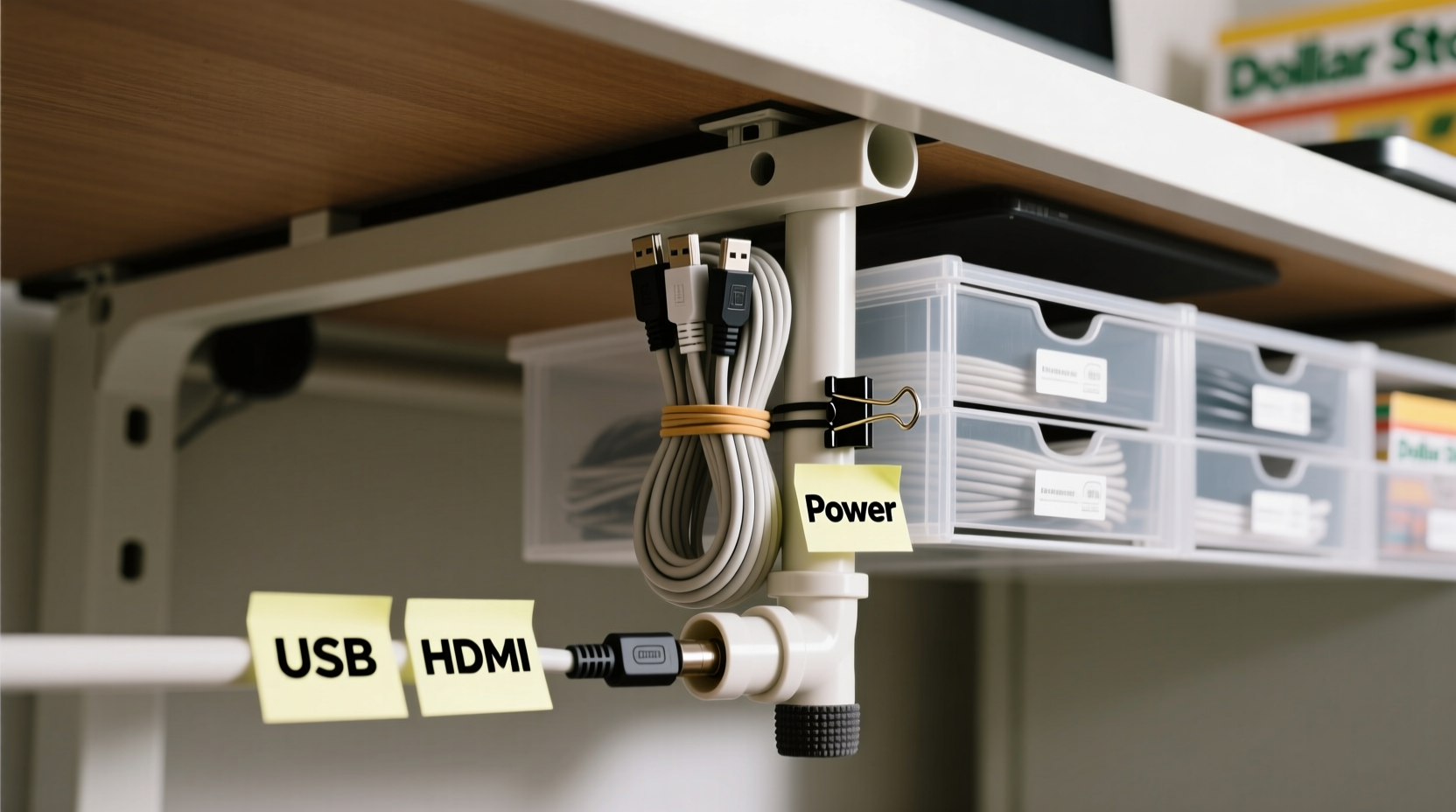 how to organize cables under your desk using dollar store items that last