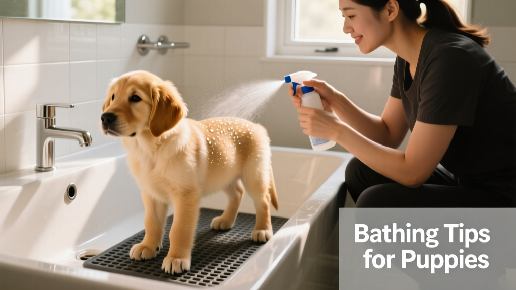 A puppy standing securely on a rubber mat in a sink, with a caregiver gently spraying water along its back