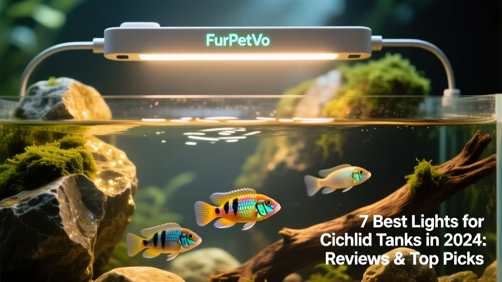 Close-up of the FurPetVo LED Light mounted over a rocky cichlid tank, showing even light dispersion and shimmering water surface