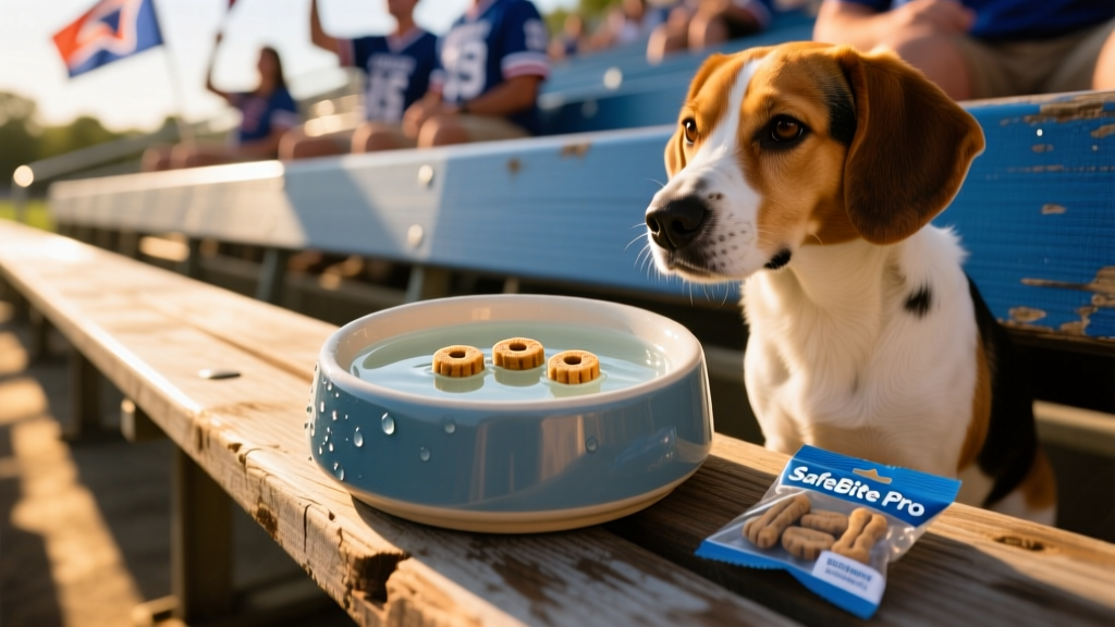 A close-up of a dog’s bowl filled with fresh water and a few safe, vet-approved treats placed beside a stadium seat