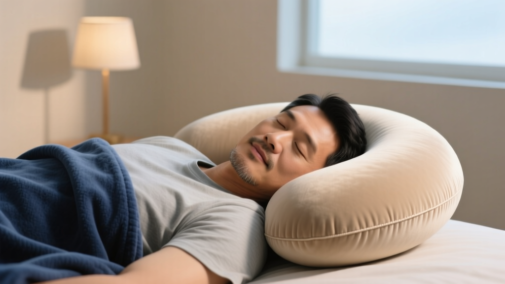 U-shaped travel pillow supporting a sleeping man's head, protecting a fresh left ear piercing, soft morning bedroom lighting setup